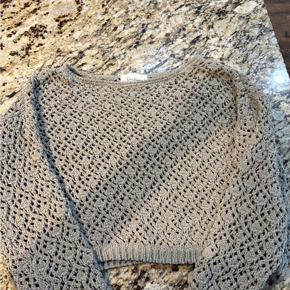 Jessica Simpson Open-Knit Pullover Sweater in Light Gray